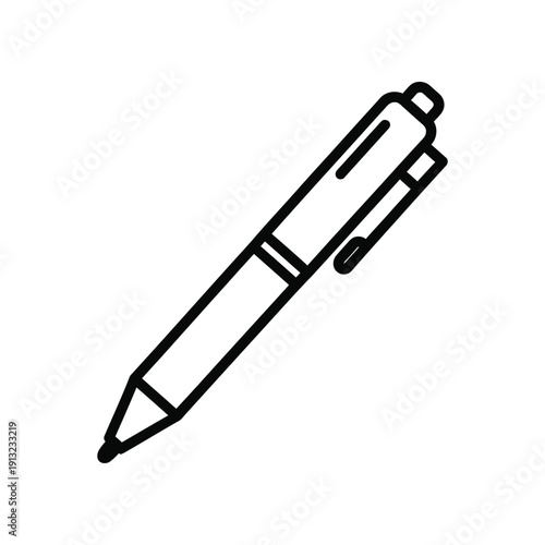 A sleek black ballpoint pen standing upright with a click mechanism