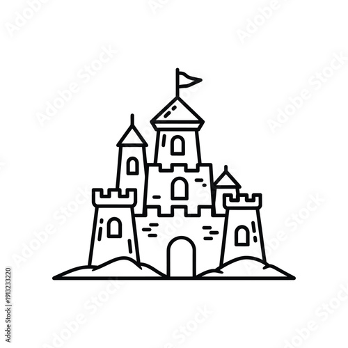 Whimsical sandcastle resembling a medieval castle with towers and a flag.