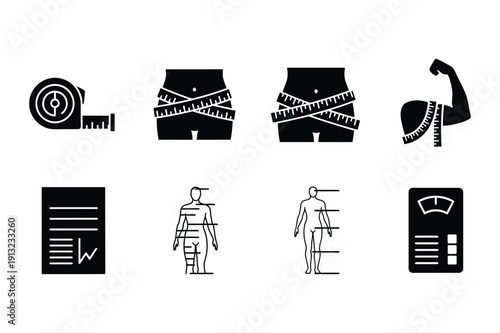Icons for weight loss, fitness and health tracking, body measurement
