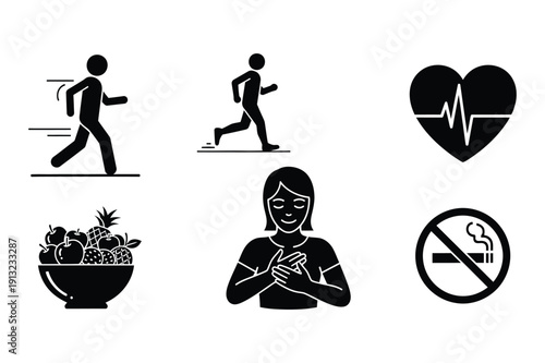 Healthy lifestyle icons: running, heart, fruit, no smoking, self-care