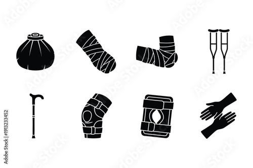 Medical injury and recovery icons: ice pack, bandages, crutches, cane