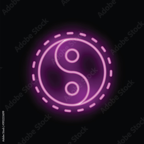 Glowing purple neon sign depicting the yin yang symbol with a circular dashed border