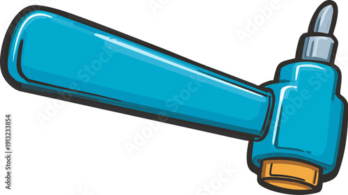 A cartoon-style illustration of a dental handpiece, with a blue and silver color scheme