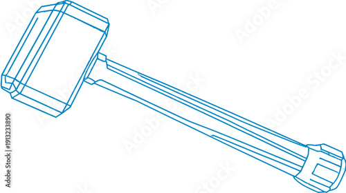 A technical drawing of a hammer, illustrated with blue lines on a white background