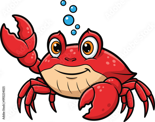 Cute Cartoon Red Crab Mascot Character With Large Claws And Bubbles For Marine Life Seafood Restaurant Or Ocean Environment Concept Vector Illustration Isolated On White