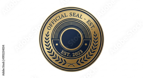 Official seal emblem with gold laurel wreath and dark blue circle on white background symbolizing authenticity and prestige