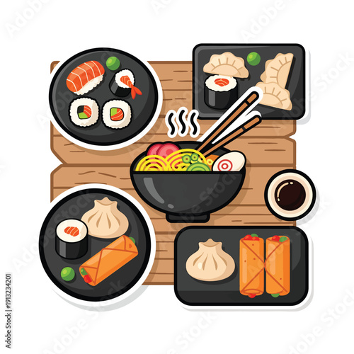 Assorted Japanese cuisine illustration featuring Whisk, sushi, dumplings, noodles, and spring rolls on wooden table