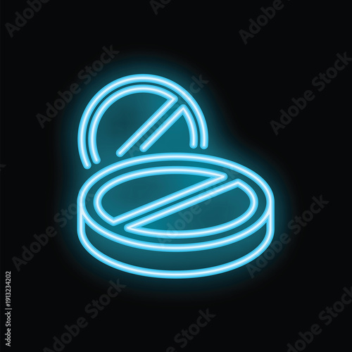 Blue neon sign illuminating a pair of round pills, representing concepts like medicine, healthcare, and pharmaceutical industry