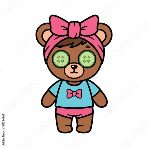 Cartoon bear relaxing with cucumber slices on eyes, wearing bow and spa headband in wellness scene
