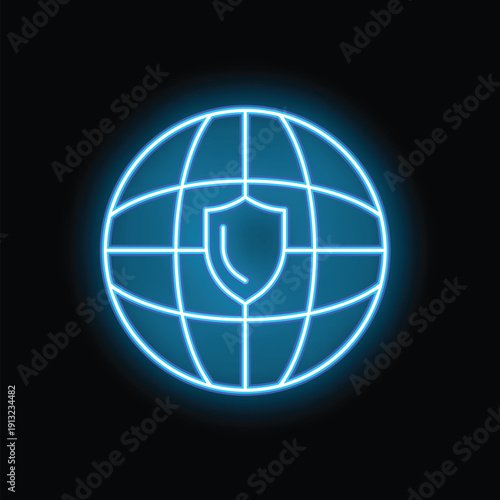Neon blue shield glowing in front of a globe, symbolizing global security and protection
