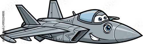 Fast Cartoon Fighter Jet Mascot Character With Smiling Face And Big Blue Eyes For Aviation Education Military Air Force Or Aerospace Technology Concept Vector Illustration