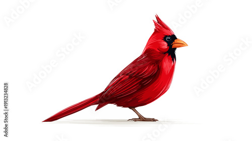 Illustration of a vibrant red bird with black face markings, orange beak, and spiky crest