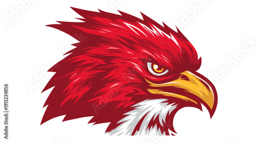 A stylized illustration featuring the side profile of a fierce, red bird of prey