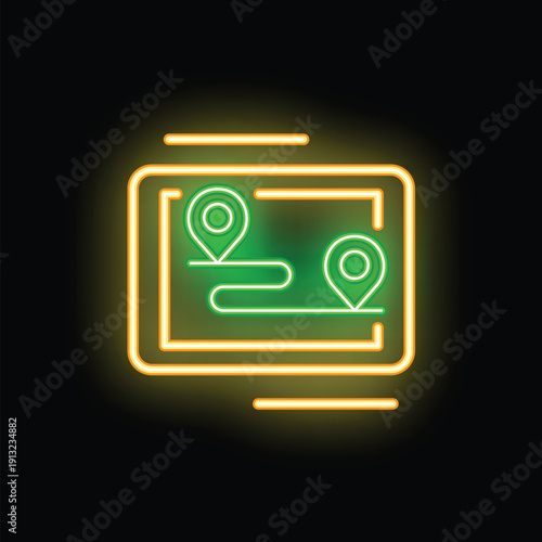 Neon icon of gps navigator showing route with pin pointer on screen