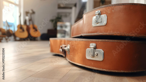 Vintage guitar cases resting on a wooden floor, acoustic instruments blurred in a musical shop background