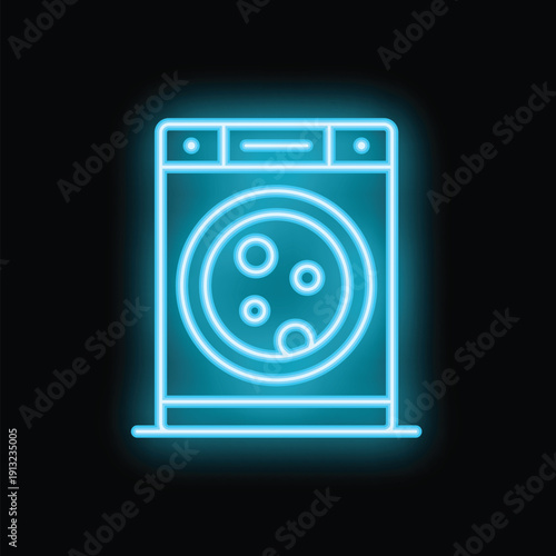 Blue neon sign of a front loading washing machine glowing on a black background