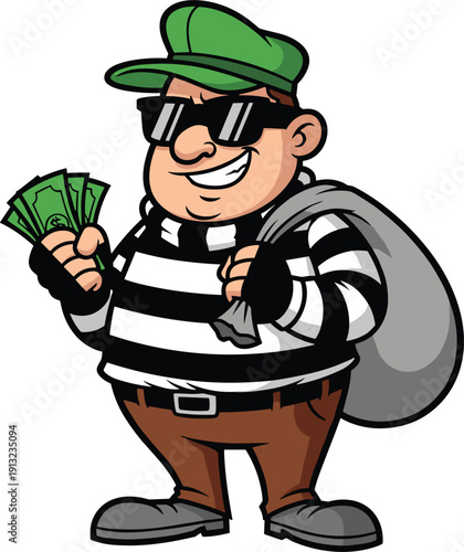 Funny Cartoon Thief Mascot Character Wearing A Striped Shirt Sunglasses And Green Cap Holding Cash And A Loot Bag For Crime Humor Security Or Financial Concept Vector Illustration