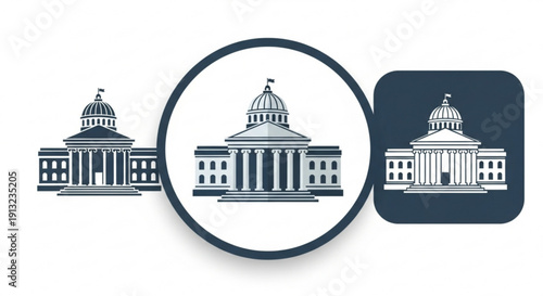 Government buildings with domes in various styles and colors on white background for architecture and design concepts