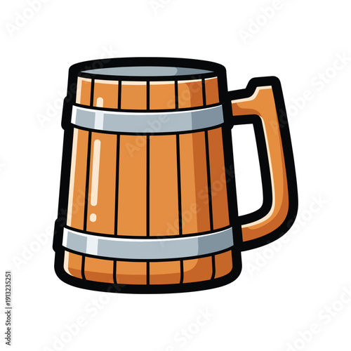 Illustration of a wooden beer mug with metal bands, viewed from the side