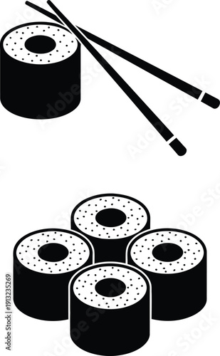 Minimalist Black and White Sushi Maki Roll Icons with Chopsticks