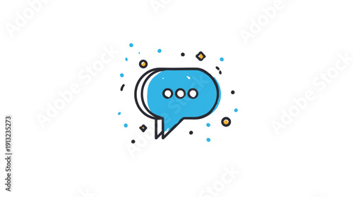A speech bubble with three dots, surrounded by scattered dots and geometric shapes