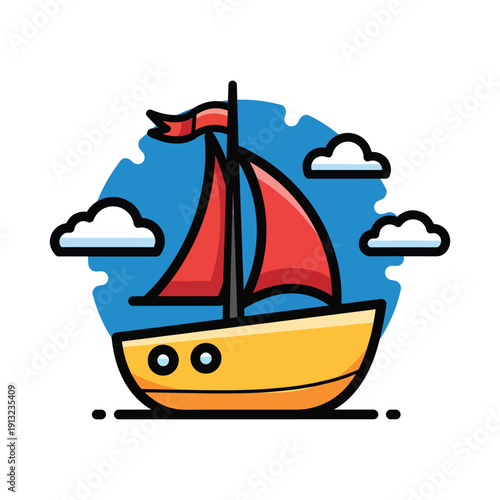 Sailboat glides across calm waters under cloudy sky with whimsical cloudscape graphic illustration