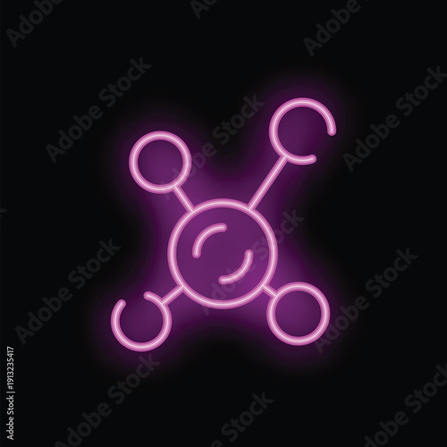 Bright pink neon sign in the shape of a molecule with a nucleus and four atoms orbiting around