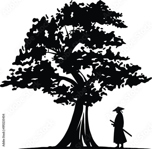 Black Silhouette of a Samurai Warrior Standing Under a Large Tree with Katana
