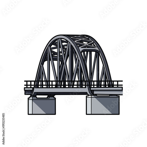 Illustration of a steel arch bridge with truss structure over a river, viewed from the side, showcasing its architectural design and engineering elements.