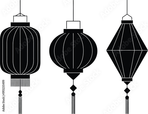 Traditional Vietnamese Silk Lantern Silhouette Set, Asian Mid-Autumn Festival Symbols