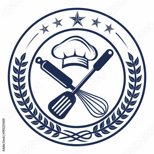 A circular badge logo featuring a chef s hat whisk and spatula representing culinary excellence and professional kitchen services