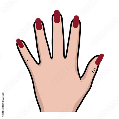 Illustration of a hand with red-painted fingernails viewed from the front against a plain background