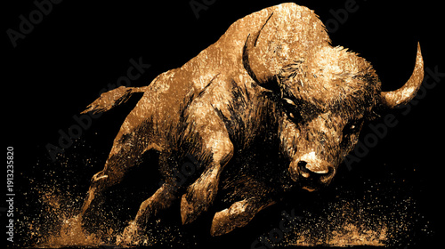 A charging large animal, rendered in gold hues, against a stark black background