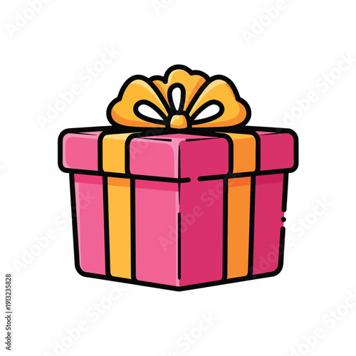 A vibrant pink gift box adorned with a golden bow, symbolizing celebration and joy, illustrated in a digital artwork.