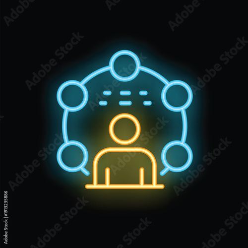 Neon glowing icon of a person standing surrounded by connected circles representing decentralization on a black background