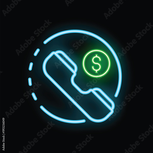 Neon sign depicting a phone calling with a dollar sign representing paid calls, ideal for illustrating concepts related to paid communication