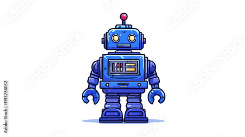 A blue robot illustration with a red antenna, designed in a flat, cartoonish style