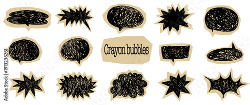 Speech bubble comic crayon textured pencil set. Ripped torn magazine journal shape vector collection. Crumpled funky chalk messages.