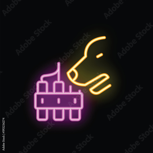 Glowing neon icon of a dog sniffing explosives for security purposes