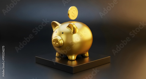 Wallpaper Mural Saving for the future with a golden piggy bank on a sleek black platform Torontodigital.ca