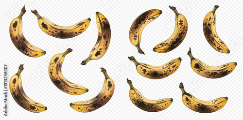 Set of ripe and overripe bananas with dark spots, perfect for baking or smoothies, on a transparent background.