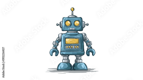 Cartoon robot with a blue body, gold eyes, antenna, and silver joints standing on a white background
