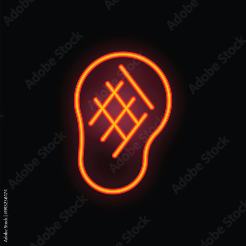 Glowing neon icon of a grilled steak with stripes of fat for a restaurant or cafe menu