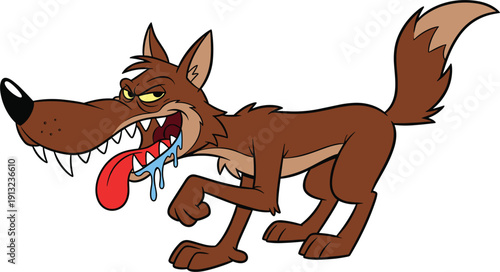Hungry Cartoon Wolf Character Drooling With Tongue Out And Sharp Teeth For Forest Wildlife Fairytale Villain Or Aggressive Predator Concept Vector Illustration