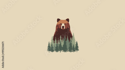 A brown bear with forest-shaped fur over a row of pine trees set against a beige backdrop