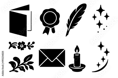 Elegant Icon Set. Elegant Message Set silhouette set: folded card, wax seal, quill pen, gold dust, floral edge, envelope, candlelight, sparkle trail