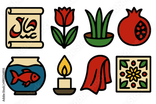 Nowruz Icon Set. Nowruz Greetings silhouette set: calligraphy card, tulip flower, sabzeh sprout, pomegranate, goldfish bowl, candle flame, silk cloth, festive pattern