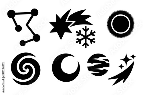 Celestial Winter Icons. Celestial Winter Magic silhouette set: constellation, shooting star, crystal snowflake, glowing orb, nebula swirl, crescent halo, icy planet, sparkle trail