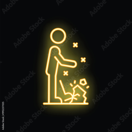 Yellow glowing neon icon of a human figure breaking an object with their leg, on a black background