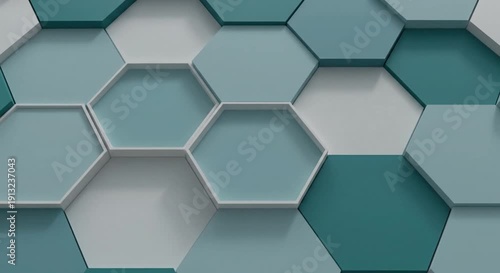 Abstract geometric background with repeating hexagonal shapes in cool blue and teal tones, creating a modern and clean pattern.